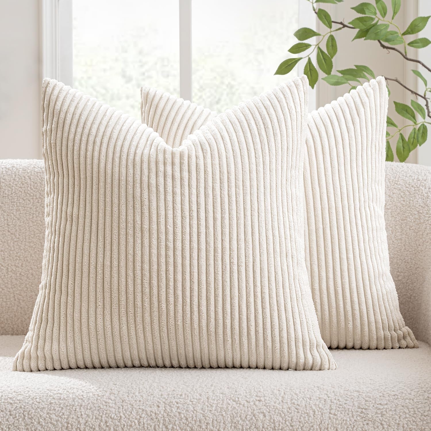 Set of 2 Cream White Corduroy Pillow Covers - Soft Decorative Square Cushion Cases for Sofa, Bedroom, and Car (18 x 18 Inches / 45 x 45 cm)