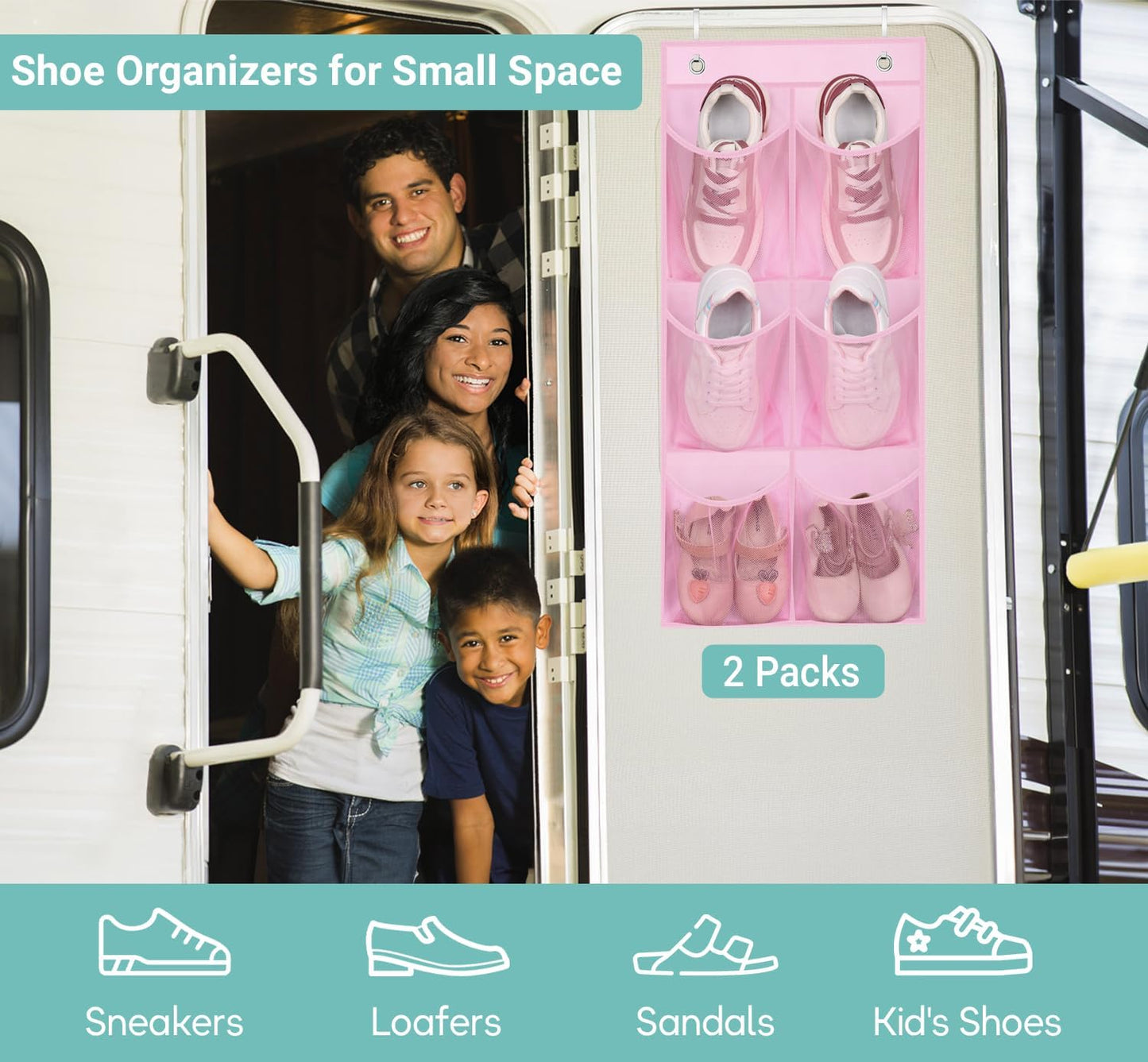 2 Packs Narrow Kids over the Door/Wall Shoe Organizer Small Baby Hanging Shoe Rack for Closet with Clear Mesh Pocket Shoe Storage for Toddler Girl Bedroom, Bathroom, RV, Pantry, Camping (Pink)