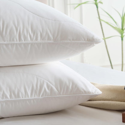 Queen Size Set of 2 White Goose Feather Down Pillows - 100% Cotton, Medium Firmness, Soft Support