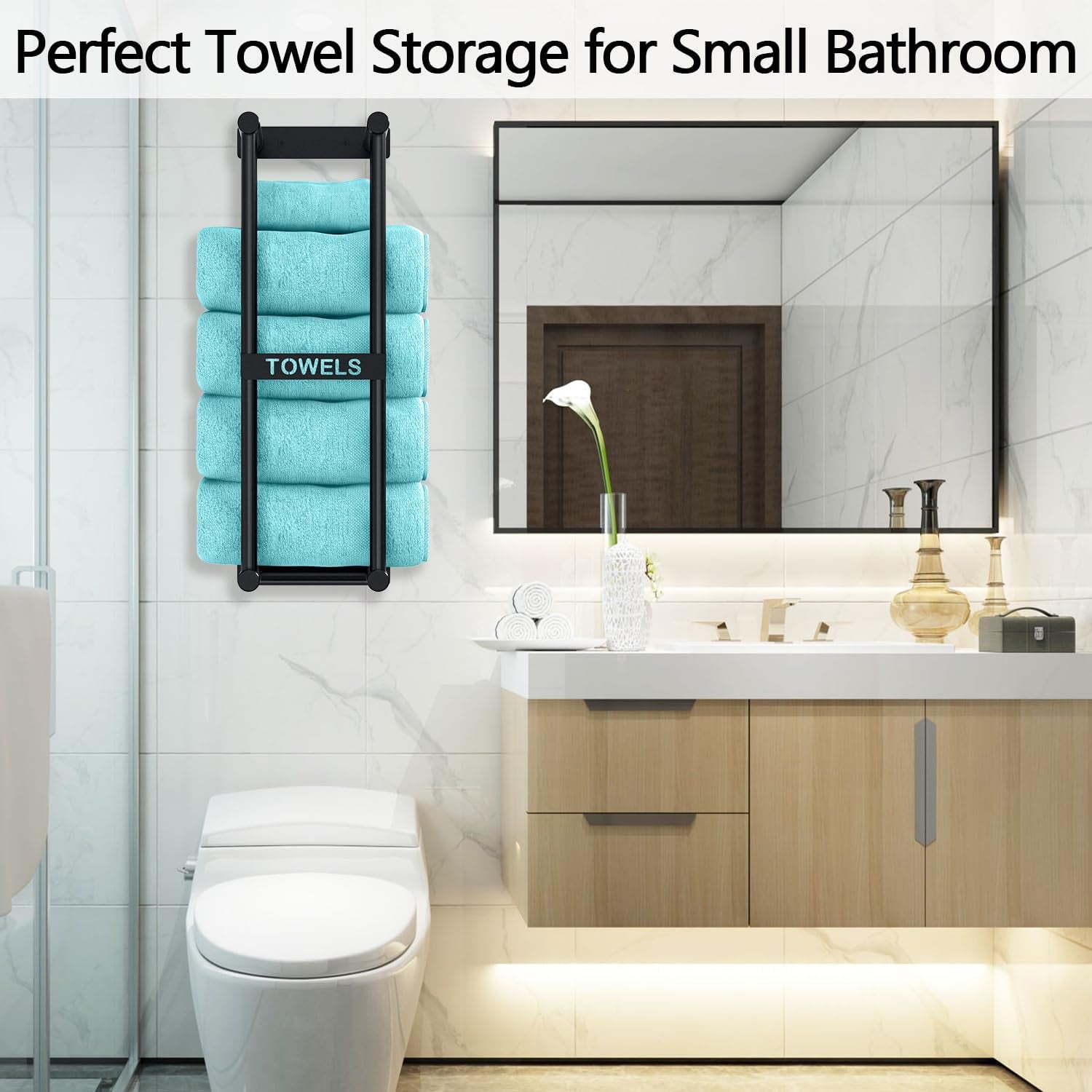 Towel Racks for Bathroom, Towel Storage for Small Bathroom, 22Inch Wall Towel Rack for Rolled Towels Folded Bath Towels, Black