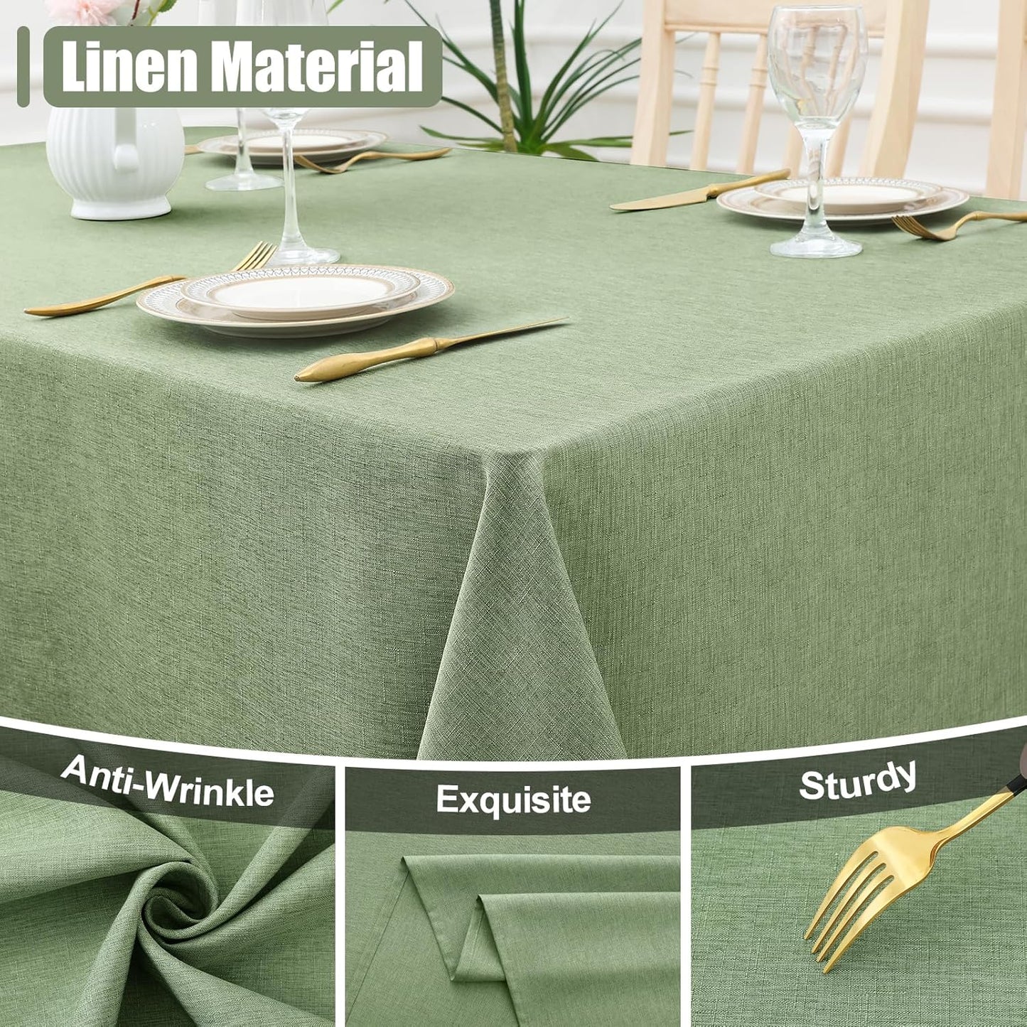 Rectangle Table Cloth Linen Textured, Waterproof Spillproof Anti-Wrinkle Burlap Tablecloth, Washable Decorative Fabric Table Cover for Dining, Party, Banquet, 52 X 70 Inch, Sage Green