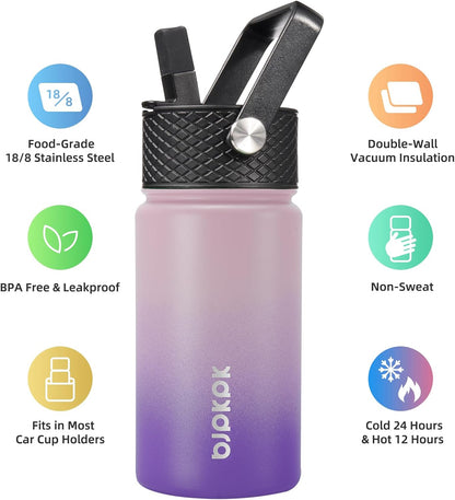 Water Bottle with Straw Lid, 15 Oz Insulated Water Bottle, Stainless Steel Metal Water Bottles, Reusable Leak Proof BPA Free Thermo, Flask, Cups,Violet