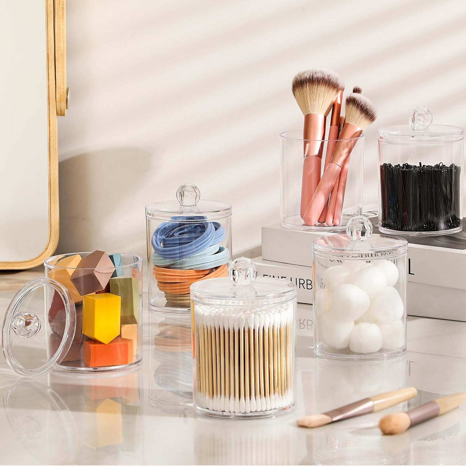 2 Pack Acrylic Qtip Holder Dispenser for Cotton Swabs, Balls, Pads, Floss Picks- Small Clear Plastic Canister Apothecary Jar Set, Bathroom Essentials Accessories Decor, Vanity Makeup Storage Organizer