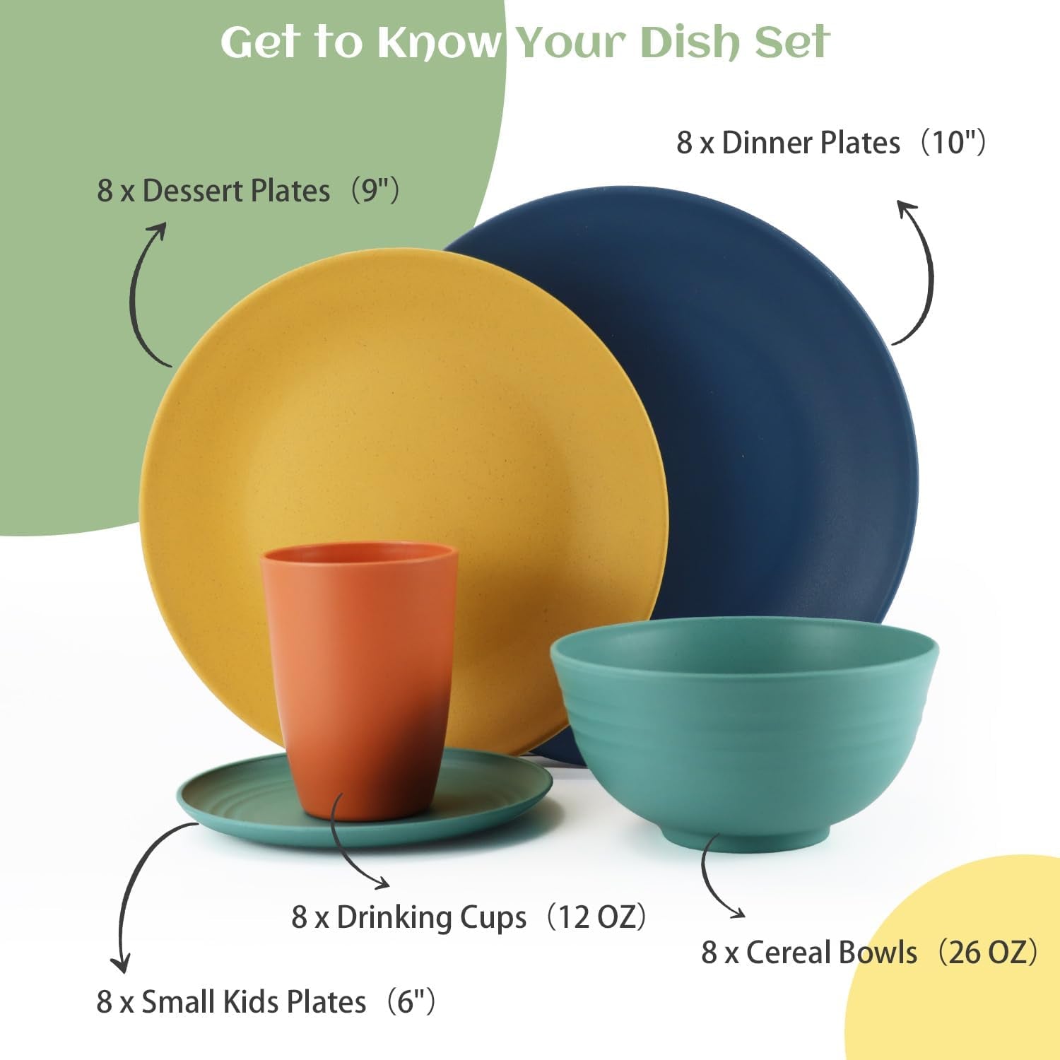 40-Piece Durable Plastic Wheat Straw Dinnerware Set - Multi-Color, Service for 8 with Plates, Bowls, Cups, and Appetizer Plates - Ideal for Outdoor Camping