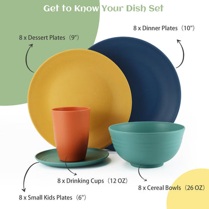 40-Piece Durable Plastic Wheat Straw Dinnerware Set - Multi-Color, Service for 8 with Plates, Bowls, Cups, and Appetizer Plates - Ideal for Outdoor Camping