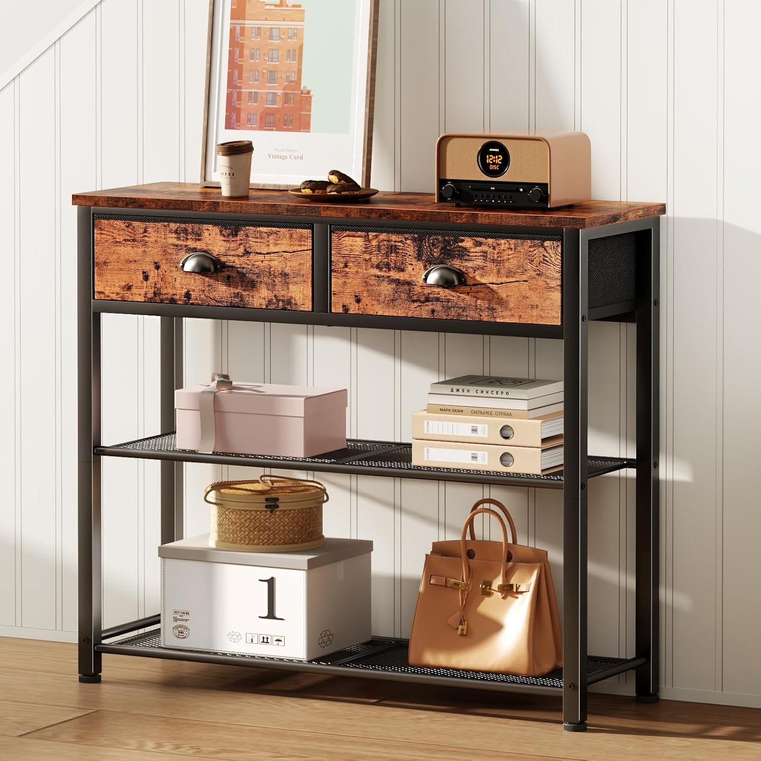 Console Sofa Table with Storage Shelf for Entry Way, Small 30'' Entryway Table with 2 Fabric Drawers, Industrial Display Shelves for Hallway, Entrance, Foyer, Rustic Brown
