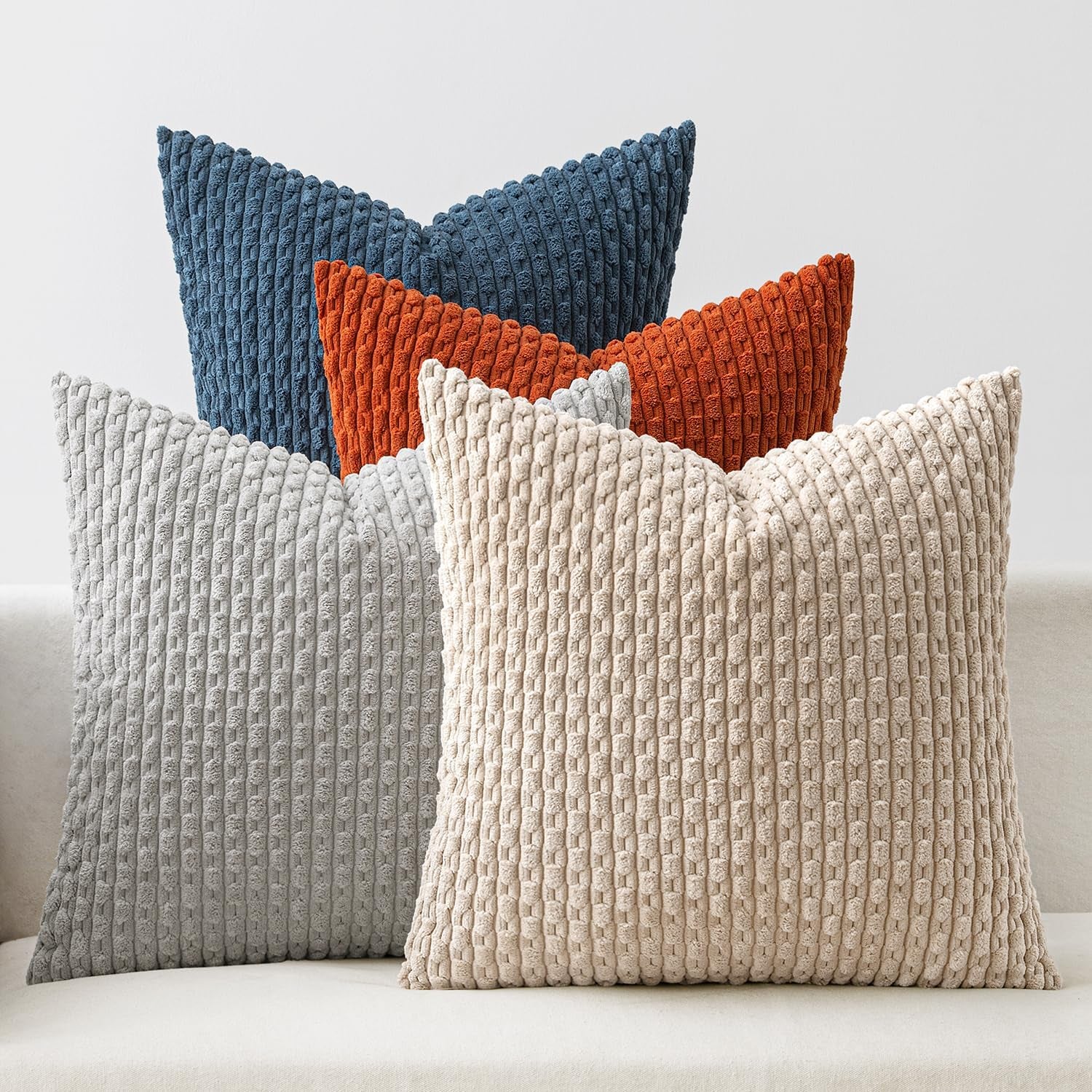 Fall Throw Pillow Covers Soft Couch Decorative Set of 4 Boho Striped Cushion Covers Corduroy Pillowcases Farmhouse Accent Home Decor for Couch Bed Sofa Living Room 18X18 Inch Blue and Orange