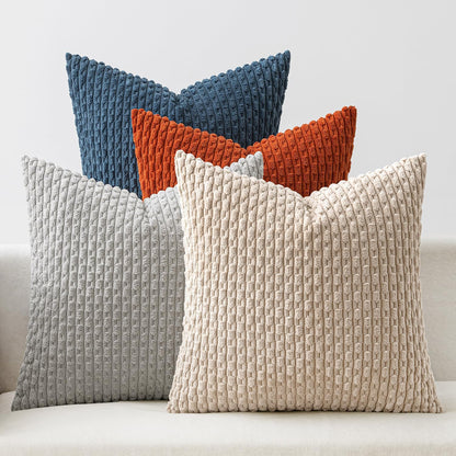 Fall Throw Pillow Covers Soft Couch Decorative Set of 4 Boho Striped Cushion Covers Corduroy Pillowcases Farmhouse Accent Home Decor for Couch Bed Sofa Living Room 18X18 Inch Blue and Orange