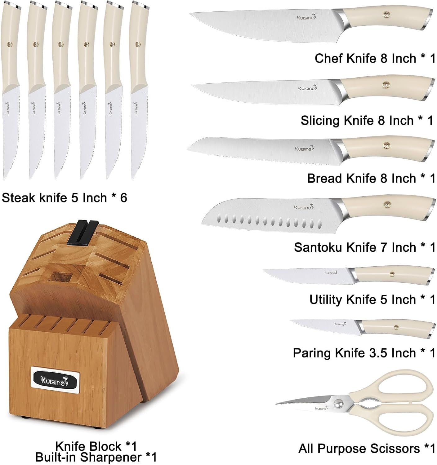 Kitchen Knife Set,High Carbon Stainless Steel Ultra Sharp Blade Ergonomic Handle,Knife Block Set with Built-In Sharpener,Elegant Gift for Holiday(Irovy-Acacia,15Pcs)
