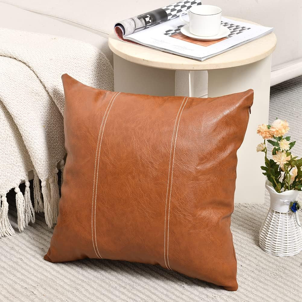 2 Packs Boho Brown Waterproof Faux Leather Decorative Throw Pillow Covers 18X18 Inch for Outdoor Couch Bed Sofa, Hand Stitched Accent Square Cushion Case, Rustic Modern Farmhouse Home Decor