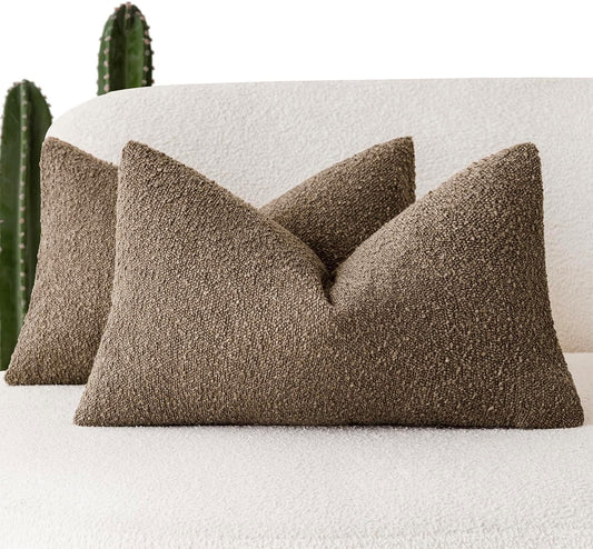 Pack of 2 Textured Boucle Throw Pillow Covers Accent Solid Decorative Lumbar Pillow Cases Cozy Soft Couch Cushion Case for Chair Sofa Bedroom Living Room Home Decor 12X20 Inch Light Brown