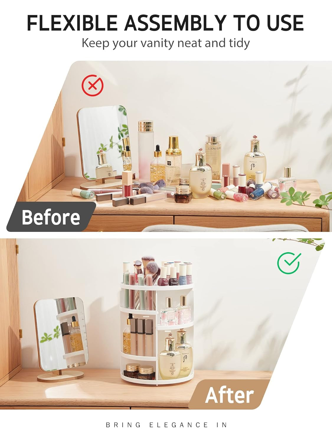 360 Rotating Makeup Organizer, DIY Adjustable Bathroom Makeup Carousel Spinning Holder Rack, Large Capacity Cosmetics Storage Box Vanity Shelf Countertop, Fits Makeup Brushes, Lipsticks, White