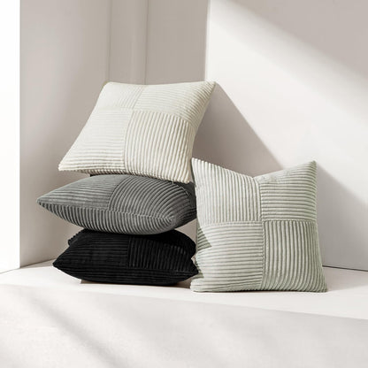 Black Corduroy Decorative Pillow Covers Set of 2, Bohemian Style Spliced Throw Pillowcases, Soft Solid Couch Cushion Covers with Cross Patchwork Texture for Living Room and Bedroom, 12x24 Inches