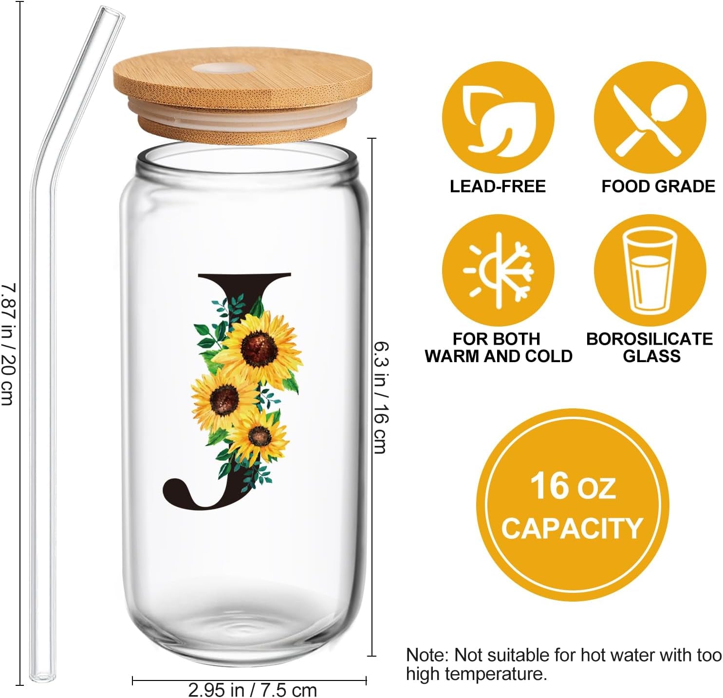 Birthday Gifts for Women, Initial Glass Cups W Lids and Straws, Sunflower Gifts for Women, Personalized Gifts, 16Oz Glass Tumbler Cups W/Straw Lid, Monogrammed Gifts, Birthday Gifts for Her Mom - J