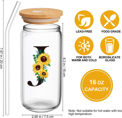 Birthday Gifts for Women, Initial Glass Cups W Lids and Straws, Sunflower Gifts for Women, Personalized Gifts, 16Oz Glass Tumbler Cups W/Straw Lid, Monogrammed Gifts, Birthday Gifts for Her Mom - J