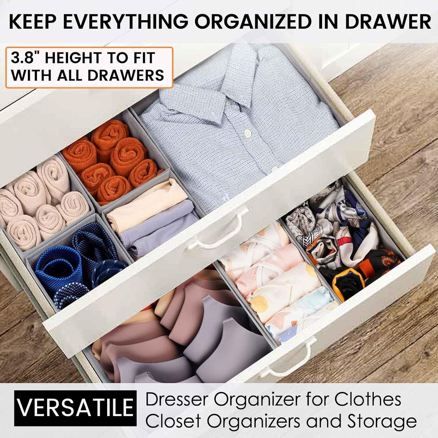 20 Pack Drawer Organizer Bins - Grey Fabric Closet Organization and Storage Dividers for Baby Clothes, Adult Socks, Underwear, Bra, Etc.