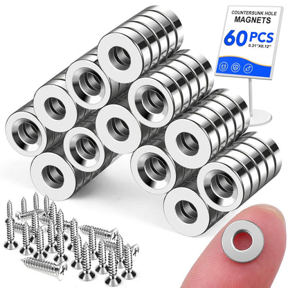 60 Pack Small Magnets, Rare Earth Magnet with Countersunk Hole Matching Screws, Cabinet for Cabinet Doors,Round for Refrigerator, Science, Office, Tool Room - 0.31X0.12Inch