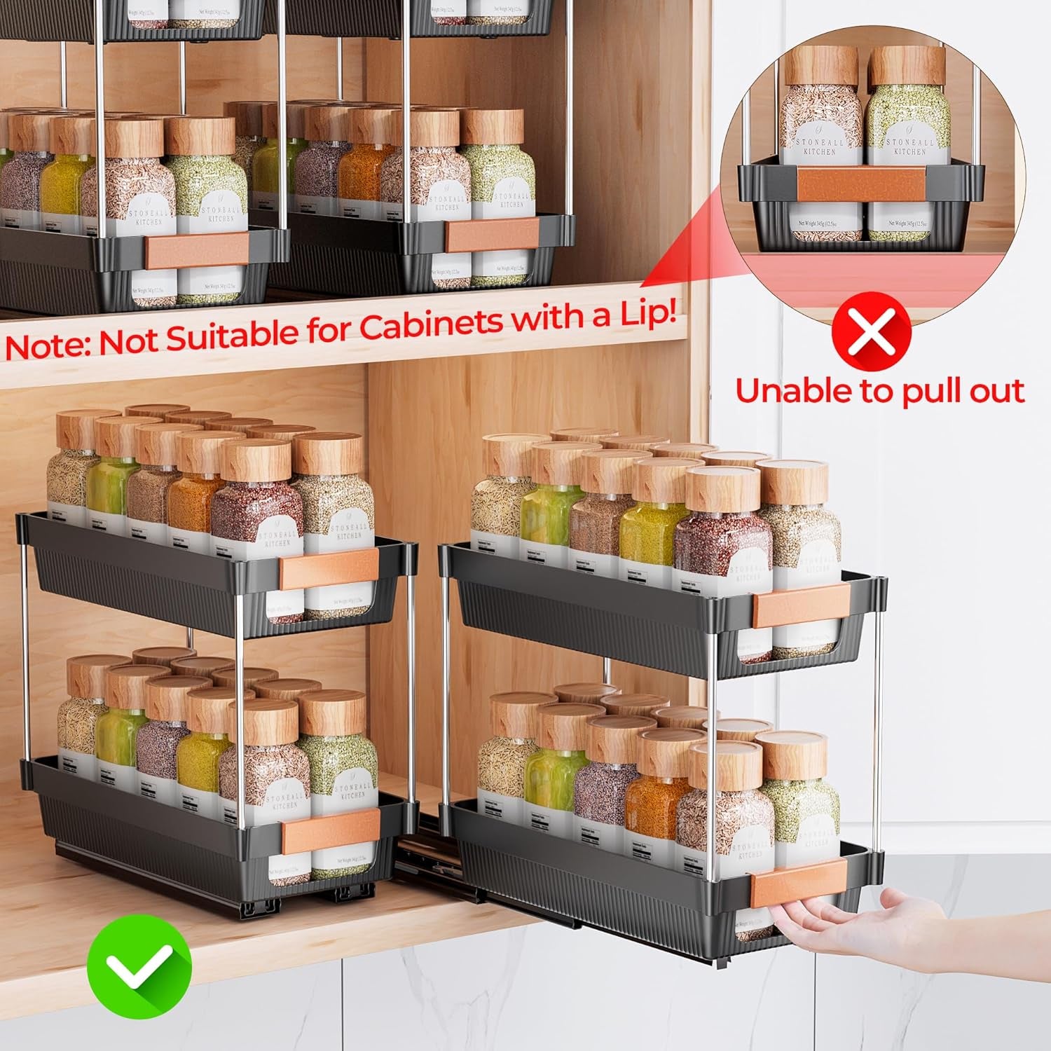 2 Pack Pull Out Spice Rack Organizer for Cabinet, 2 Tier Slide Out Spice Organization, Vertical Spice Organizer, Cabinet Size Need:12.5'' High X 11'' Deep X 5.5'' Wide(Not for Cabinet with Lip)