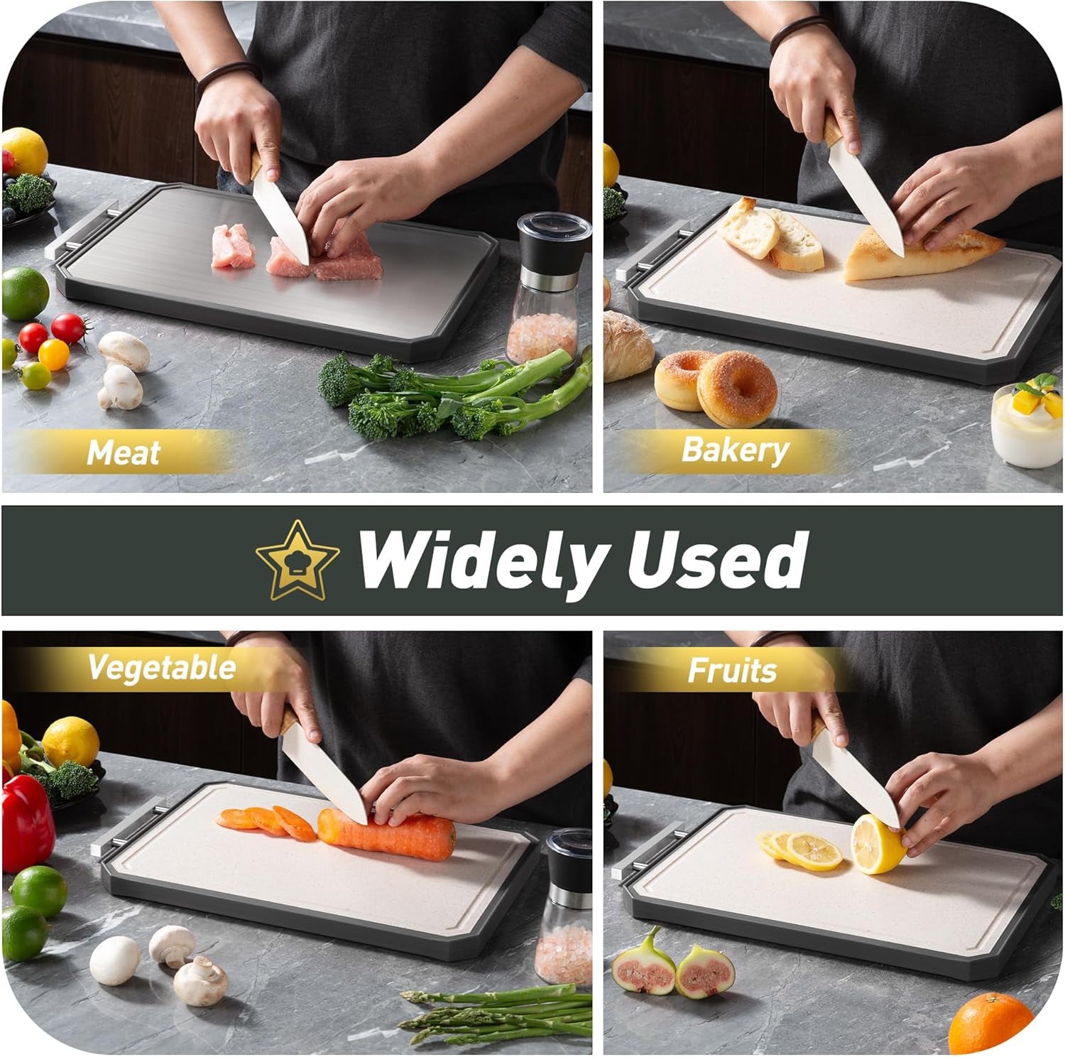 2 in 1 Stainless Steel Cutting Board with Handle Chopping Large Big Small Metal Carving Kitchen Meat Butcher Block Not Titanium Wood Bamboo Glass Marble Stone Rubber Plastic Silicone Acrylic Teak Sink
