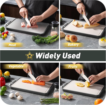 2 in 1 Stainless Steel Cutting Board with Handle Chopping Large Big Small Metal Carving Kitchen Meat Butcher Block Not Titanium Wood Bamboo Glass Marble Stone Rubber Plastic Silicone Acrylic Teak Sink