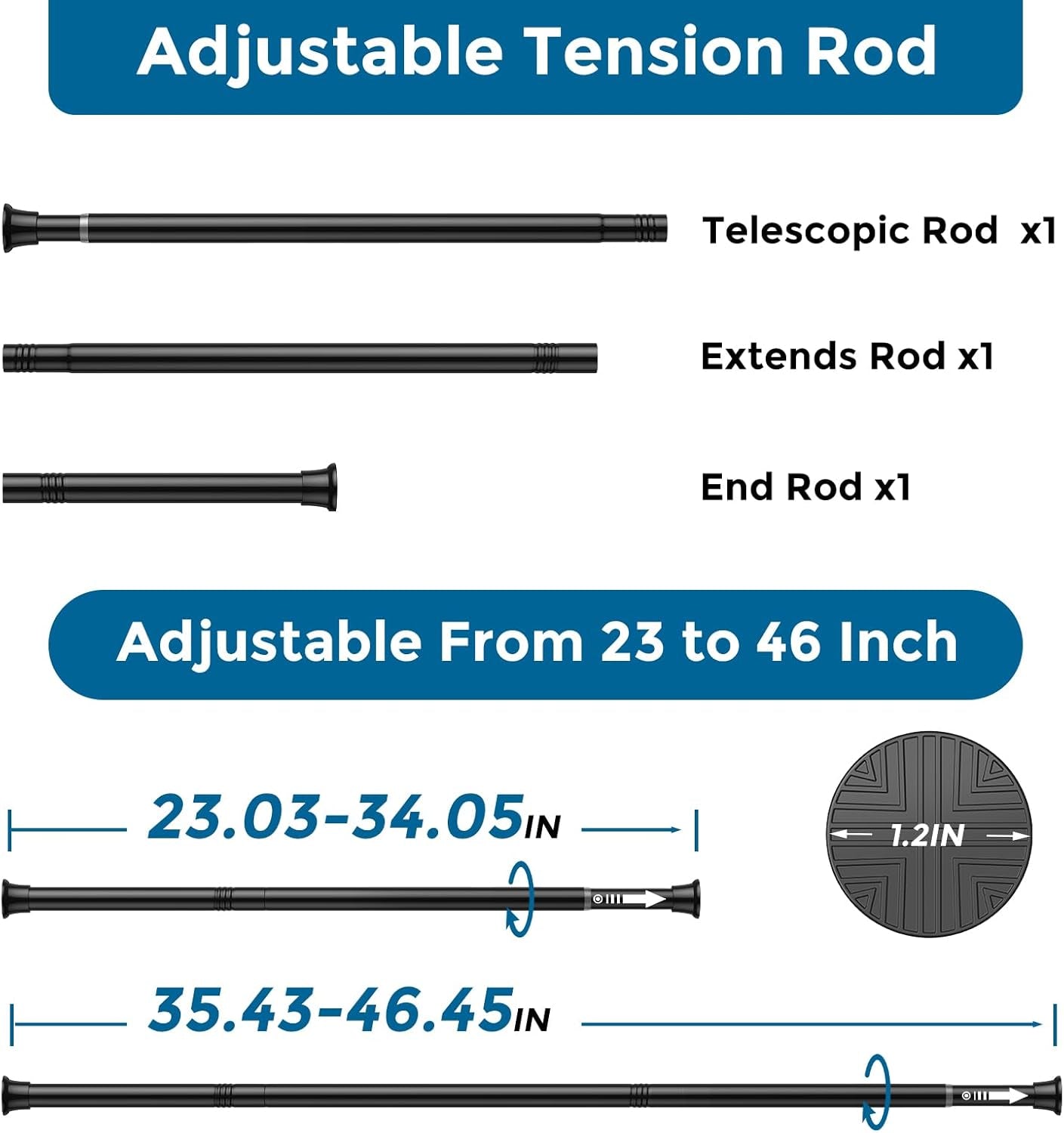 2Pack Tension Curtain Rod 23-46 Inch No Drilling Adjustable Black Tension Rod Extendable Spring Loaded Curtain Rods for Window Doorway Kitchen Closet Bathroom