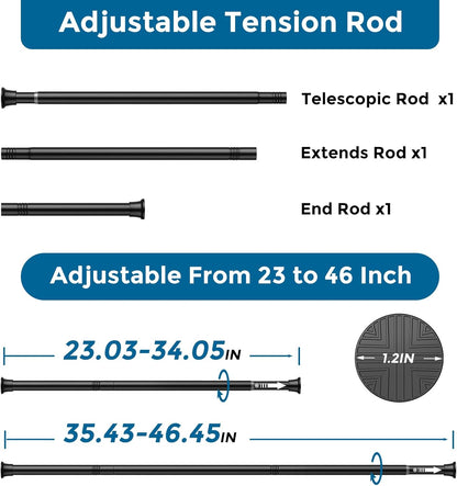 2Pack Tension Curtain Rod 23-46 Inch No Drilling Adjustable Black Tension Rod Extendable Spring Loaded Curtain Rods for Window Doorway Kitchen Closet Bathroom
