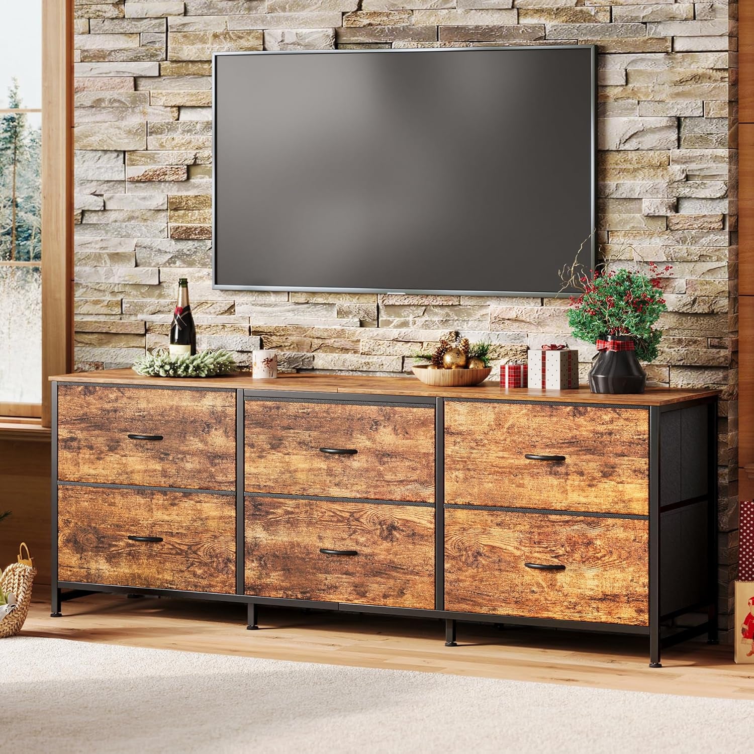 63-Inch Rustic Brown Dresser and TV Stand, Suitable for 55 to 70 Inch TVs, Featuring 6 Fabric Drawer Storage for Bedroom and Entryway Organization