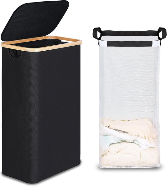 Slim Laundry Basket with Lid, Narrow Laundry Hamper with Removable Bag, Skinny Dirty Clothes Basket with Bamboo Handles for Bathroom, Bedroom & Laundry Room, 75L Black