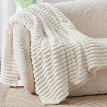 Fleece Throw Blanket for Couch - 300GSM Soft & Warm Fluffy Cream White Blanket, Decorative and Giftable Striped Blankets for Women, Men, 50"X60"