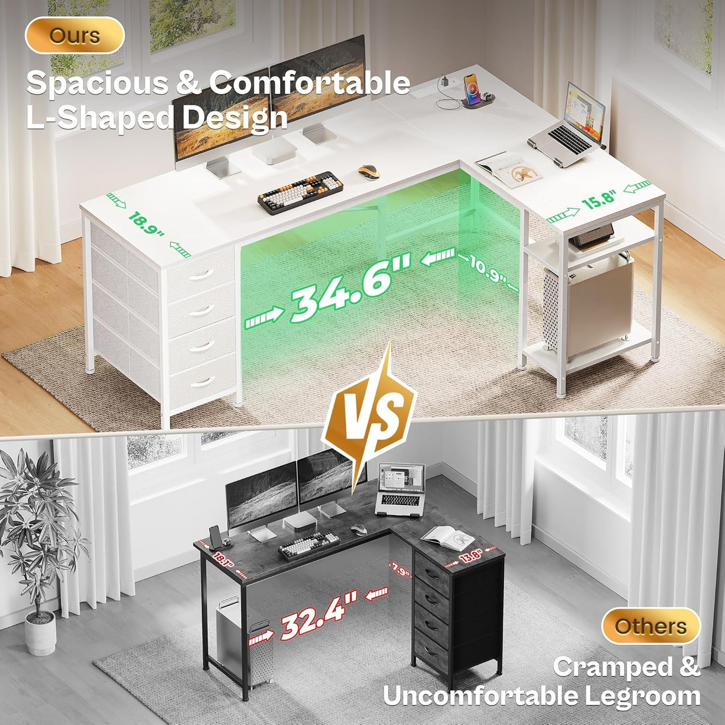 63-Inch L-Shaped Desk with Fabric Drawers, Reversible Computer Gaming Desk Featuring Power Outlets and USB-C Port, Adjustable Side Storage Shelves for Home Office and Study Corner, White