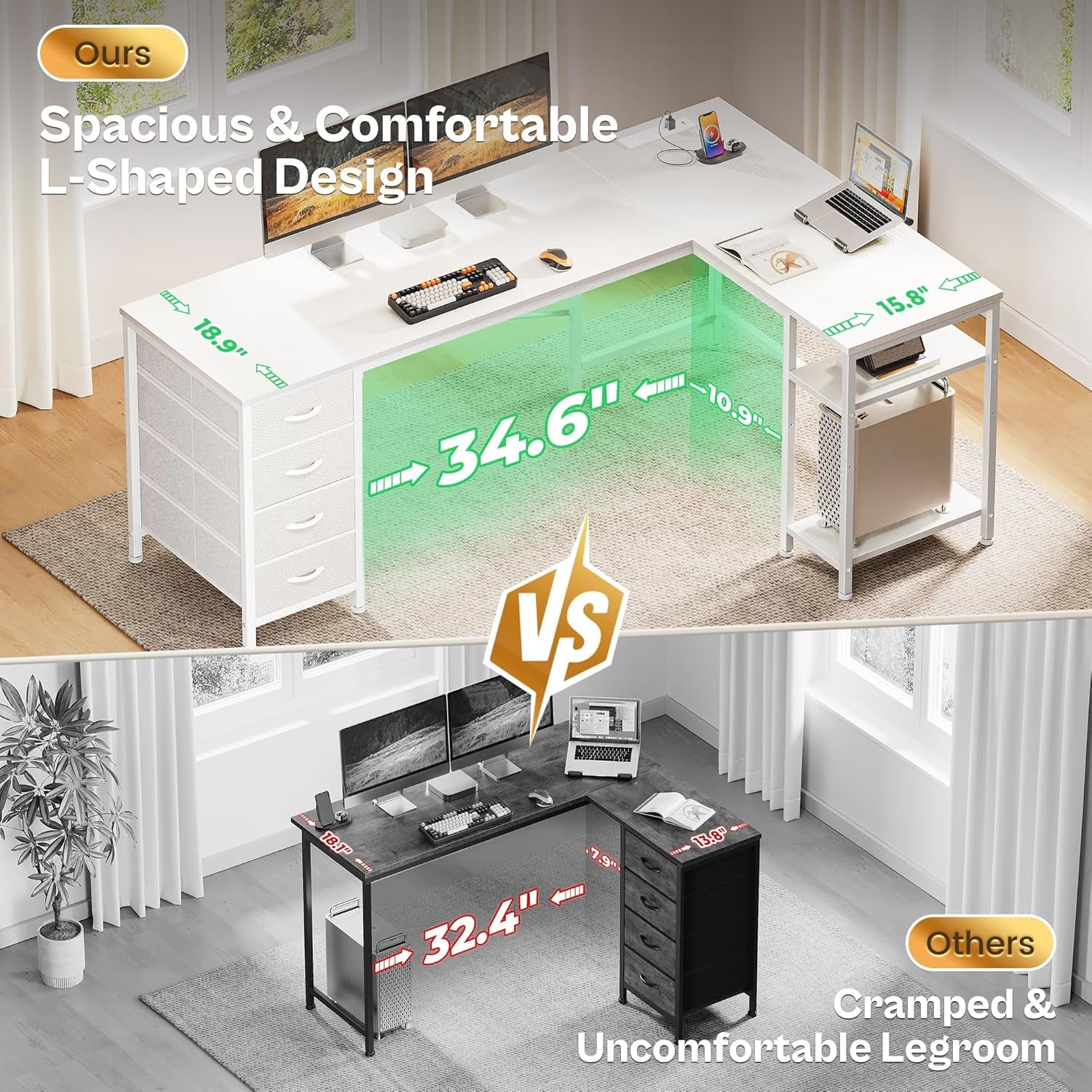 63-Inch L-Shaped Desk with Fabric Drawers, Reversible Computer Gaming Desk Featuring Power Outlets and USB-C Port, Adjustable Side Storage Shelves for Home Office and Study Corner, White