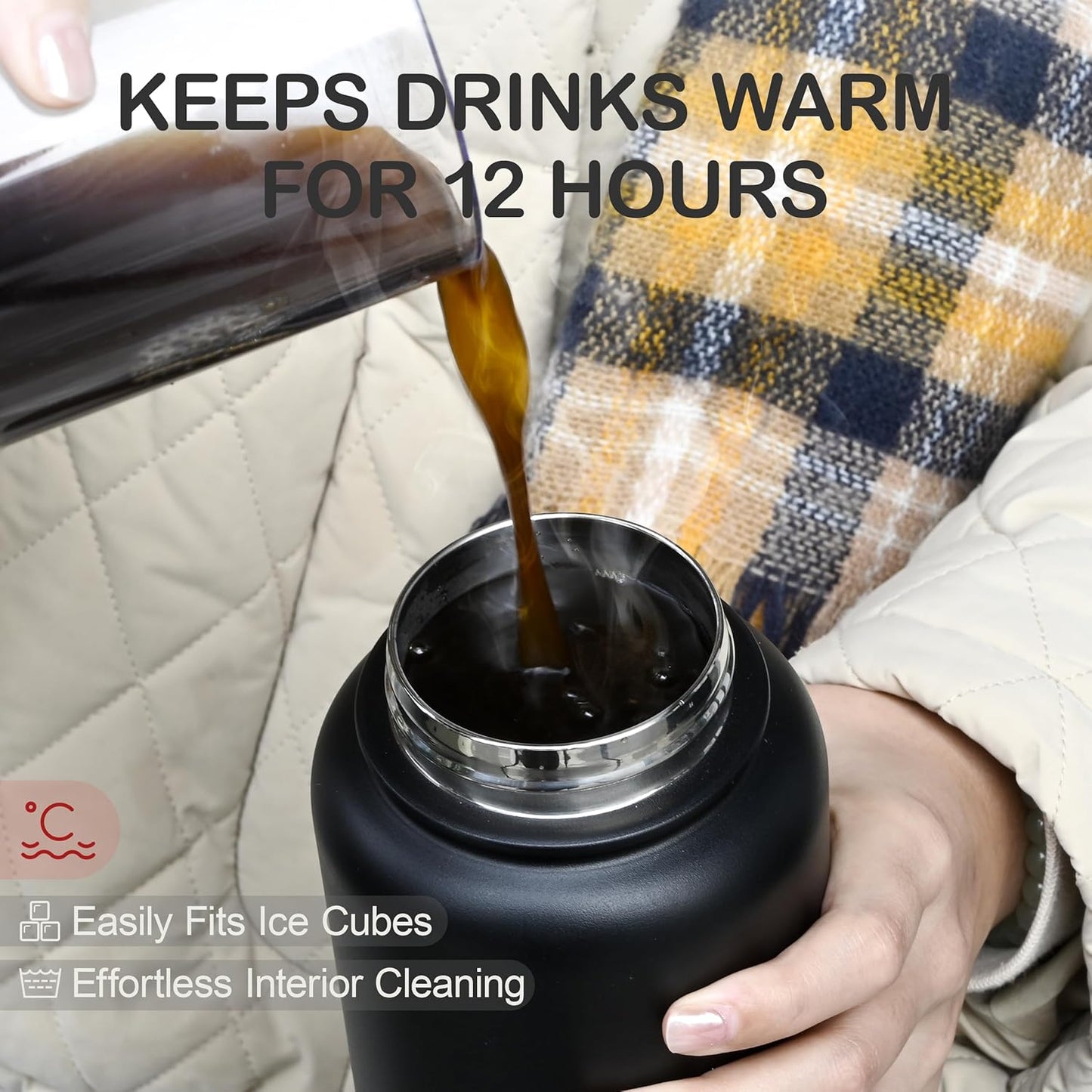 32 Oz Stainless Steel Insulated Water Bottle with Leak-Proof Flip Straw and Handle - Reusable Wide Mouth Design for Travel, Gym, and School (Carbon Black)