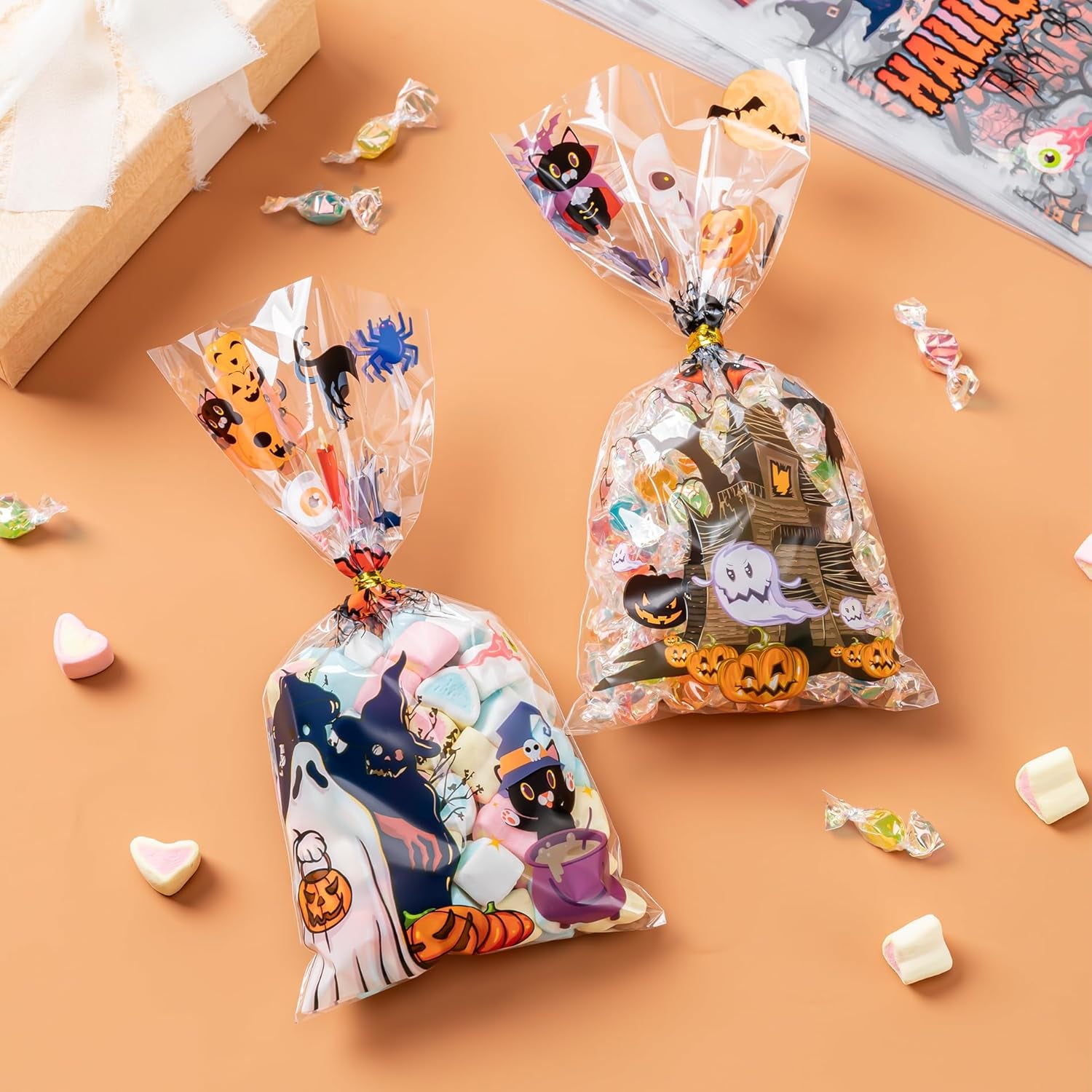 Halloween Cellophane Treat Bags, 200Pcs Trick or Treat Goody Bags with 220Pcs Twists for Snacks Cookies Packing, Party Supplies,Halloween 01