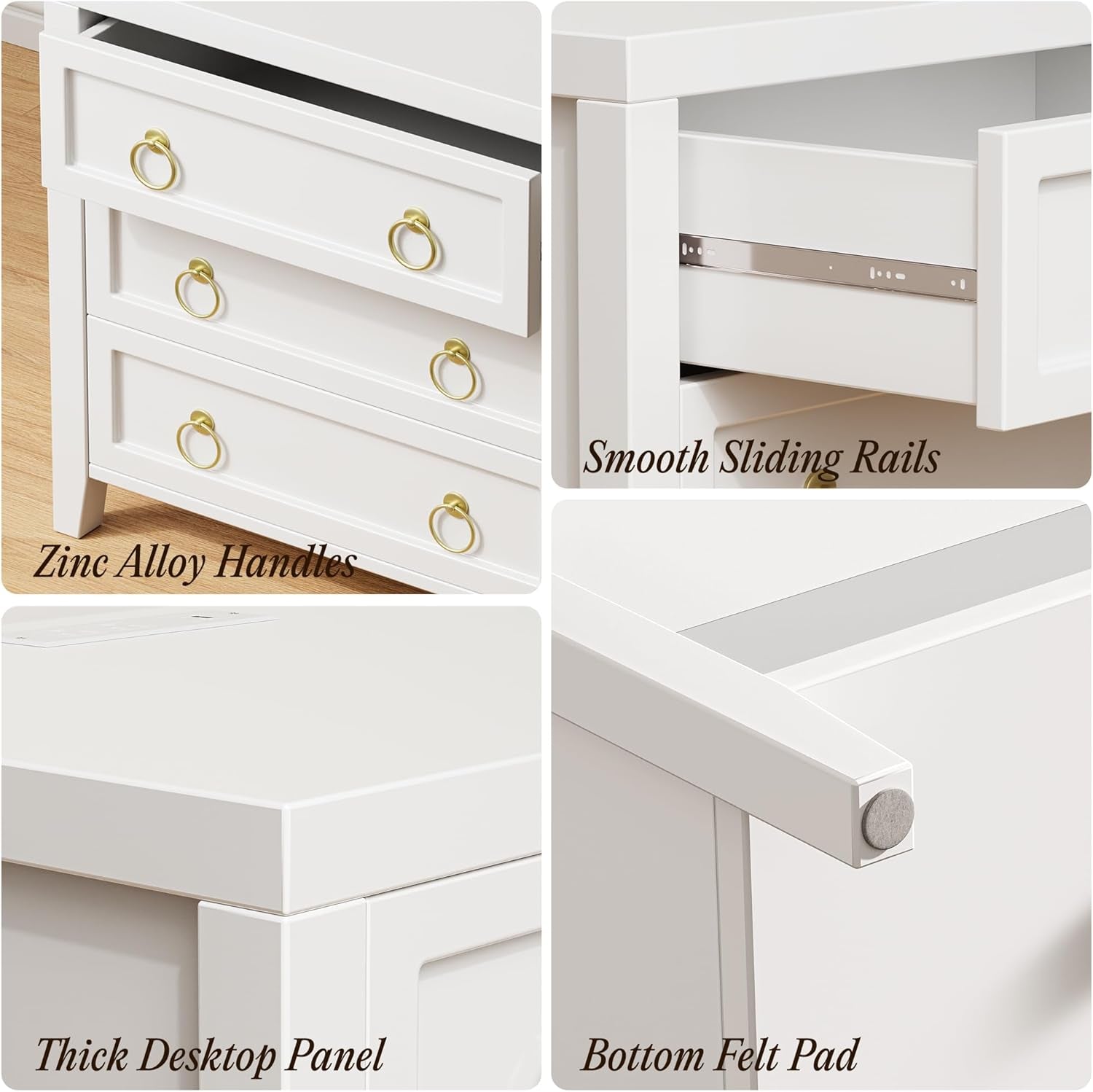 Modern White Nightstand Set of 2 with Charger Station and USB-C Port, 3 Drawer Bedside Tables, Larger and Wider Design for Bedroom