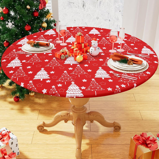 round Fabric Fitted Tablecloth, Elastic Waterproof Oil Proof Table Cloth, Washable Polyester Table Cover Fits 36"-44" round Tables for Outdoor Picnic Dinner, Christmas Tree
