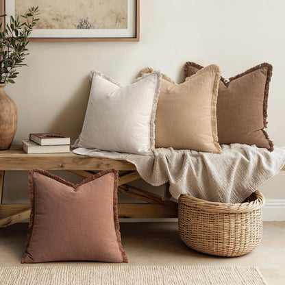 Set of 4 Fall Decorative Couch Pillow Covers in Neutral Linen with Fringe - Rustic Boho Farmhouse Accent Cushions for Living Room and Home Decor, 18x18 Inches, Beige/Brown