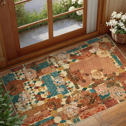 Area Rug 2X3 Doormat, Machine Washable Low Pile Rugs, Small Floral Patchwork Retro Chenille Entryway Mat for Entrance, Hallway, Kitchen and Corridor, Rose Red