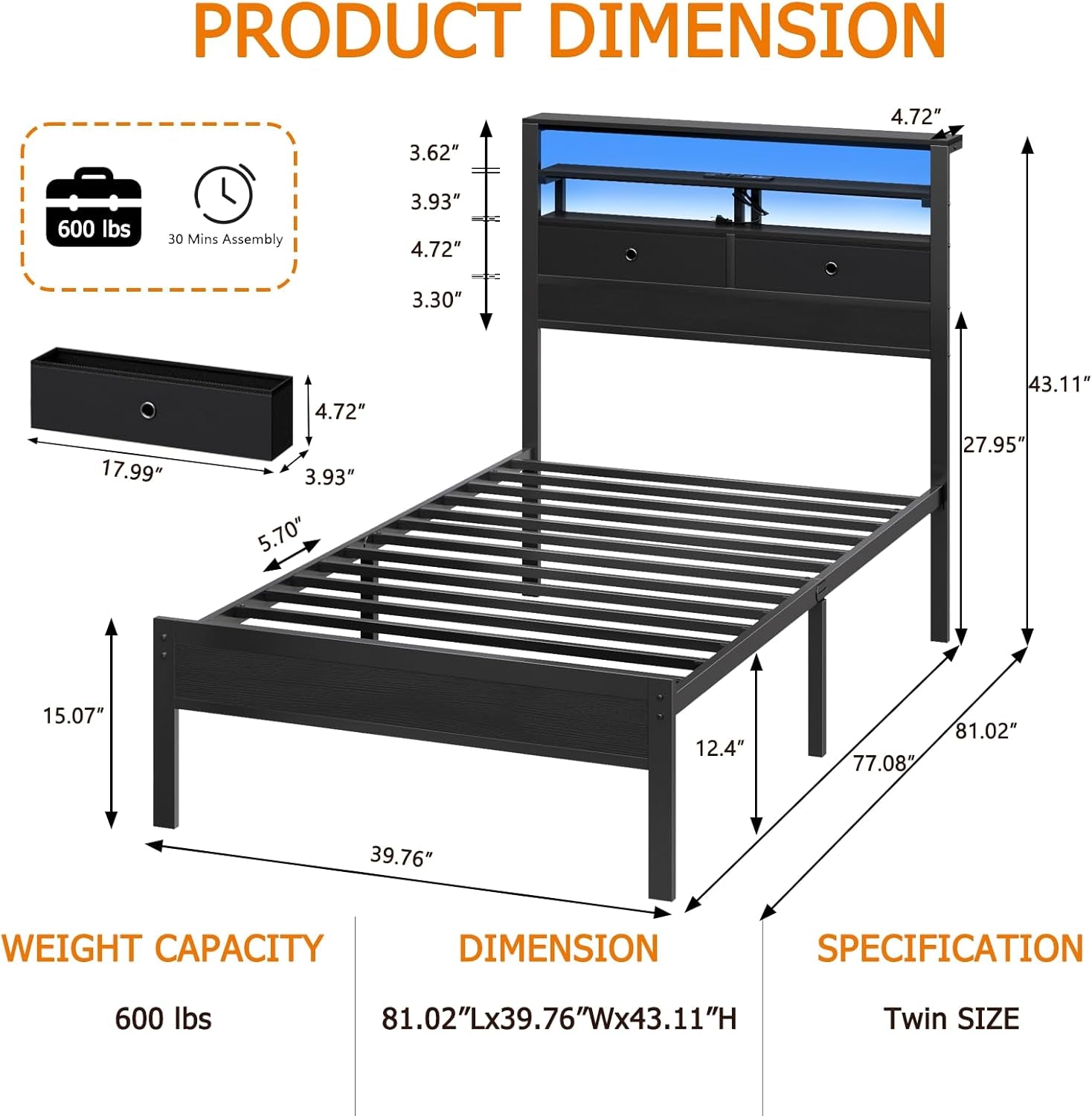 Twin Bed Frame with Integrated Charging Station and LED Lighting, Wooden Headboard Featuring Two Fabric Drawers and Storage Shelves, Twin Size Platform Design with Metal Slats, Box Spring Not Required, Black Oak Finish