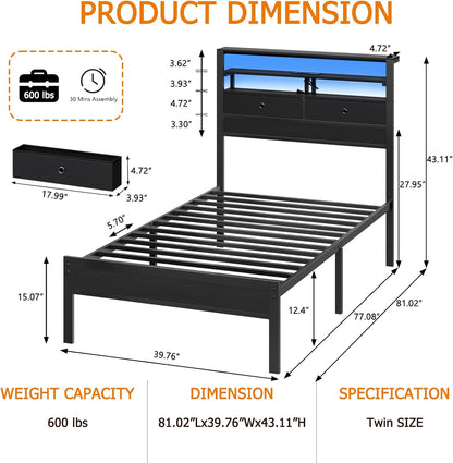 Twin Bed Frame with Integrated Charging Station and LED Lighting, Wooden Headboard Featuring Two Fabric Drawers and Storage Shelves, Twin Size Platform Design with Metal Slats, Box Spring Not Required, Black Oak Finish