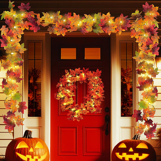 2 Pack Fall Garland with Lights for Fall Decor, Total 20FT 60 LED Battery Operated Autumn Lighted Fall Garland, Fall Lights Decorations for Home Thanksgiving Halloween Indoor Outdoors