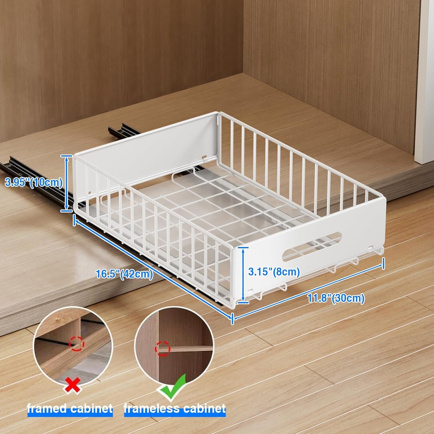 2 Pack Pull Out Cabinet Organizer, Slide Out Cabinet Drawers Peel and Stick Pull Out Drawers Heavy Duty Pull Out Shelf for Kitchen, Cupboard, Pantry, Bathroom (16.5" D*11.8" W*3.94" H-White)