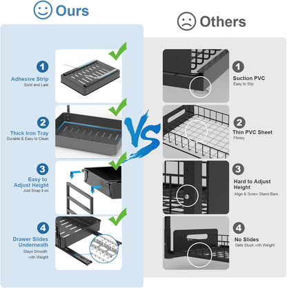 Height Adjustable 2 Tier Metal Pull Out Slide Shelf Organizer for under Sink Cabinets in Kitchen, Bathroom, with Snap-On Top Tray, 16" Deep (Black, 2 Sets)