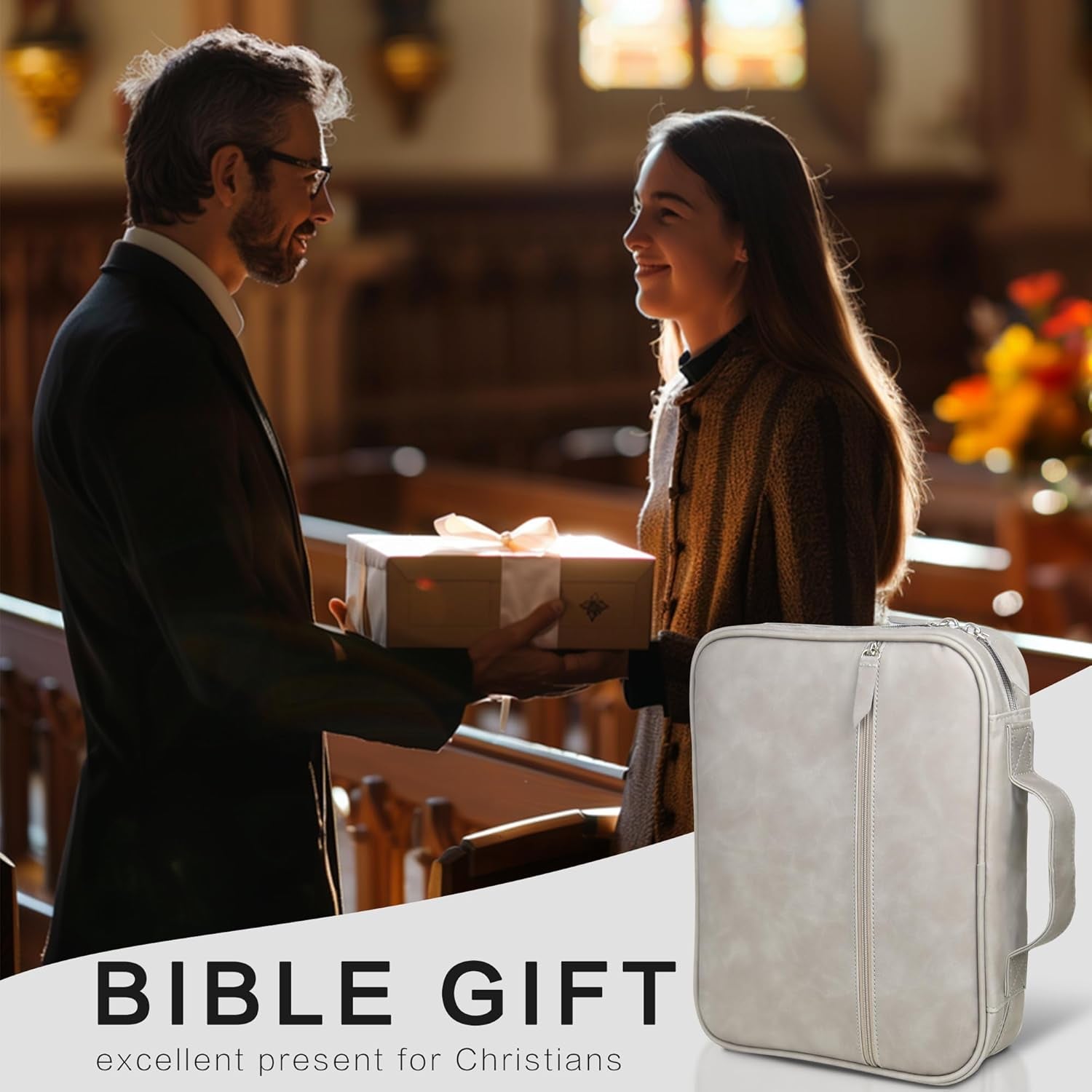 Leather Bible Cover for Men and Women, Water-Resistant Case with Handle and Zip Pocket, Minimalist Design, Ideal Gift