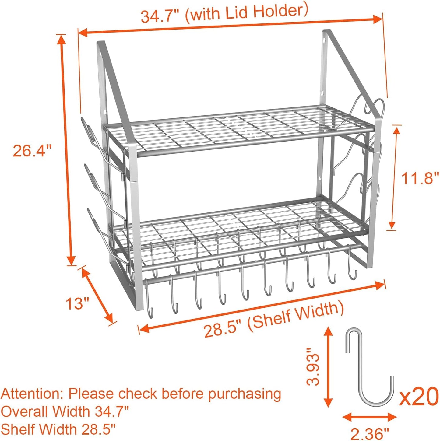 28 Inch Pot Rack Wall Mounted, 2 Tier Pots and Pans Organizer with 20 Hooks and 6 Pot Lid Holders, Heavy Duty Steel Pot and Pan Hanger for Kitchen Cookware Utensils Storage, Silver