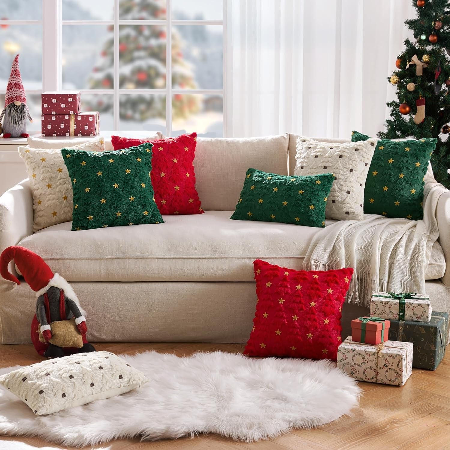 Christmas Pillow Covers 12X20 Inch Set of 2, Dark Green Christmas Tree Plush Faux Fur Pillowcases Soft Decorative Throw Pillow Cases for Couch Sofa Living Room Winter Xmas Holiday Home Decor