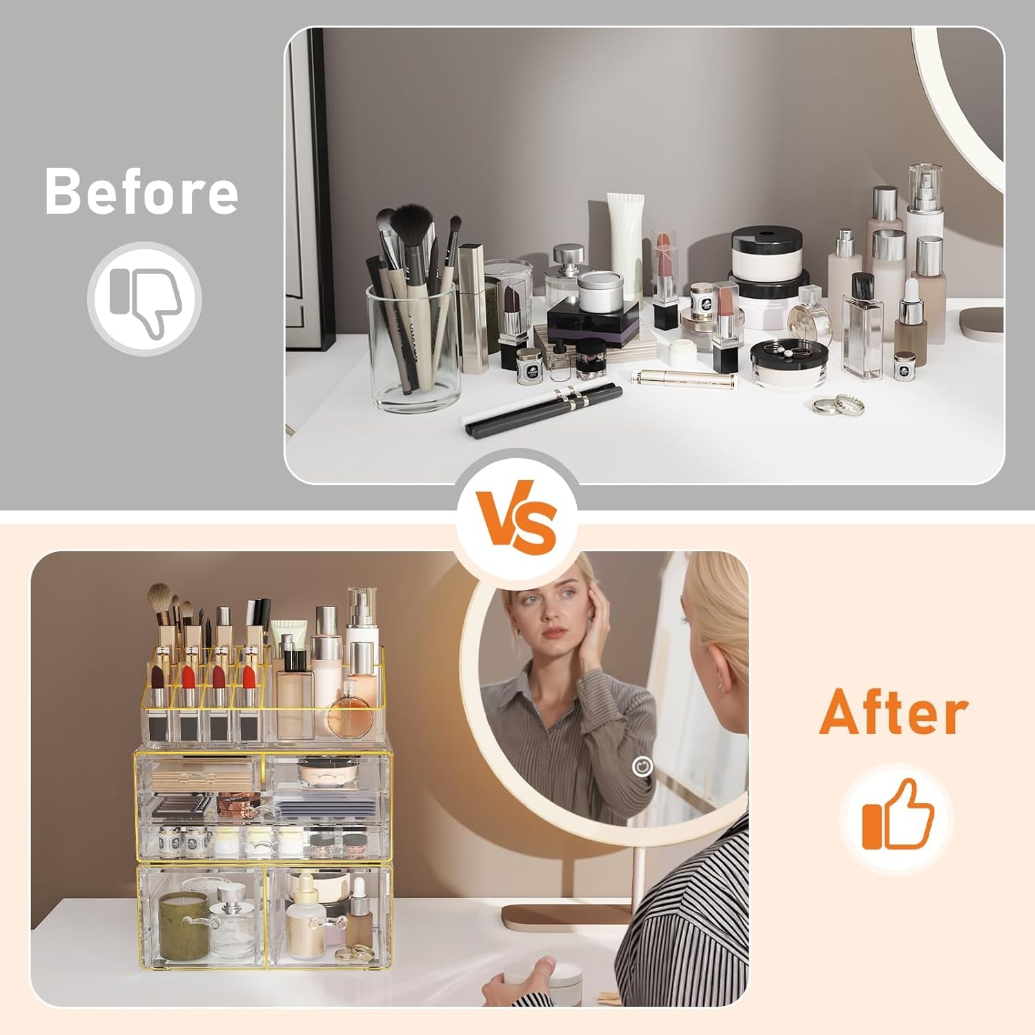 Makeup Organizer Countertop, Bathroom Organizers and Storage for Dresser, Vanity, No Install, Ideal for Large Skincare, Perfume, Present, Pink