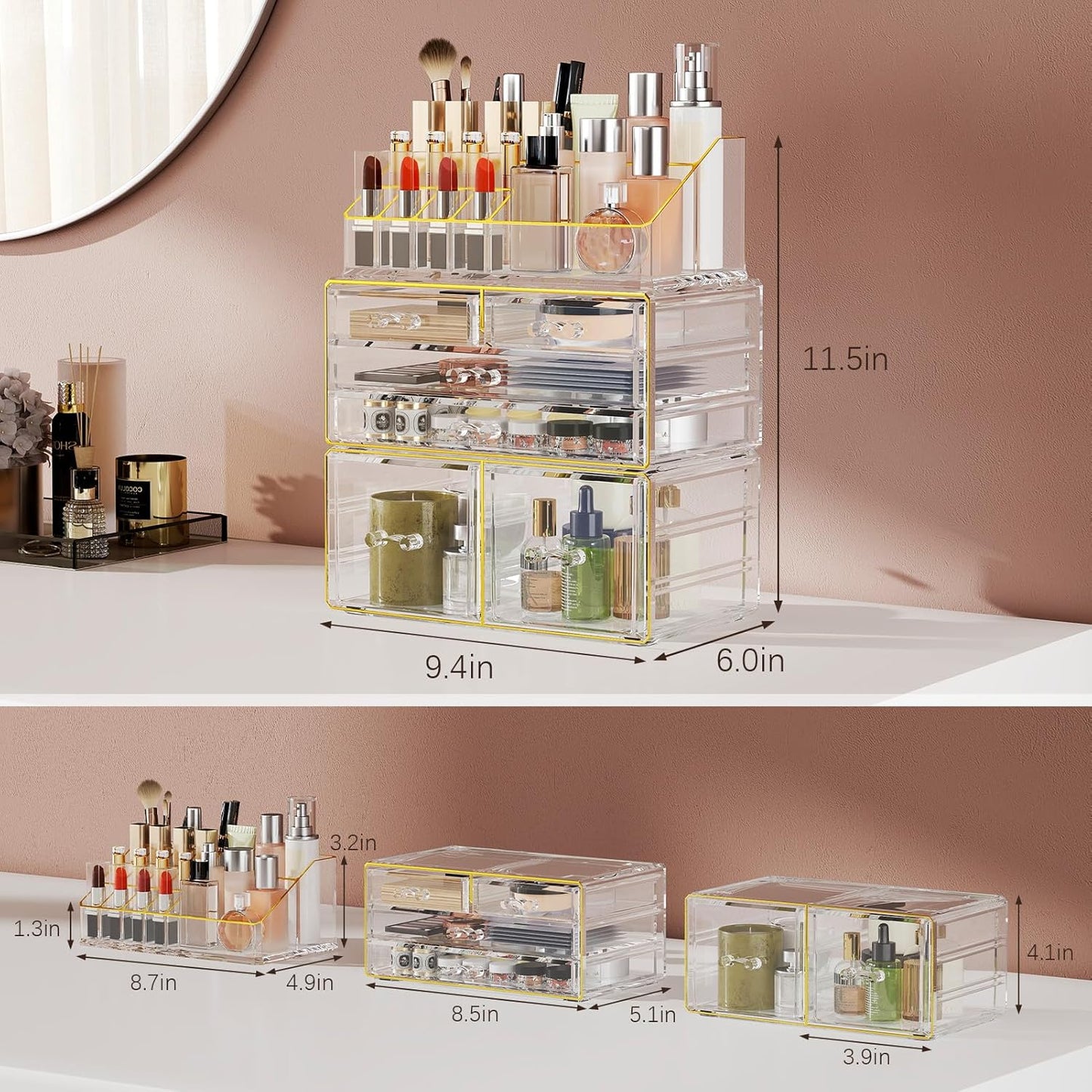 Makeup Organizer Countertop, Bathroom Organizers and Storage for Dresser, Vanity, No Install, Ideal for Large Skincare, Perfume, Present, Pink