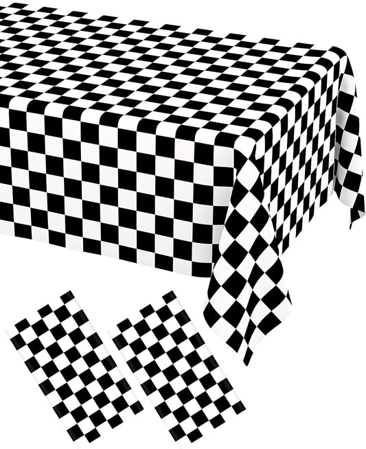 2 Pack Black and White Checkered Disposable Tablecloth Race Car Theme Party Table Cloth, Black Checkered Tablecloth for Race Car Theme Birthday, Outdoor Picnic Parties Decorations, 54 × 108 Inch