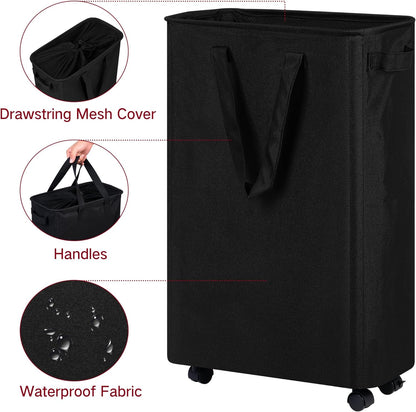 Slim Laundry Hamper with Wheels, Rolling Laundry Basket for Clothes, Small Laundry Basket for Bedroom, Dorm and Laundry Room, 60L (12.7 Gallons) Black