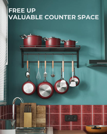 23 Inch Wall Mounted Pot Rack Storage Shelf with 2 Tier Hanging Rails 12 S Hooks Included, Ideal for Pans, Utensils, Cookware, Plant Black